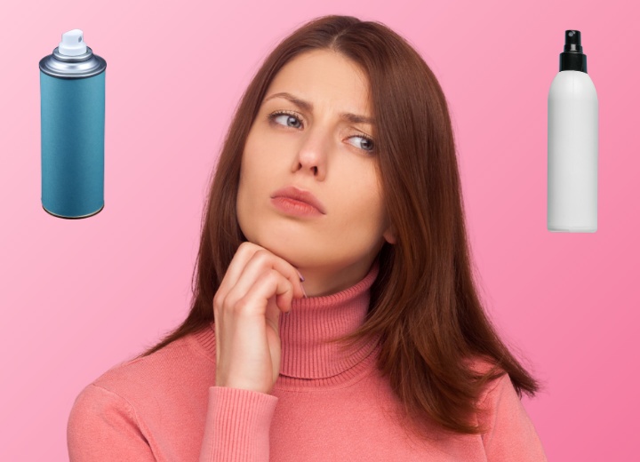 Eine Frau, die versucht, sich zwischen verschiedenen Trockenshampoo-Arten zu entscheiden