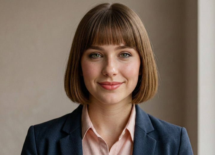Frau mit einer rosa Bluse und einem dunkelblauen Blazer, die ihr Haar als Bob tr&auml;gt