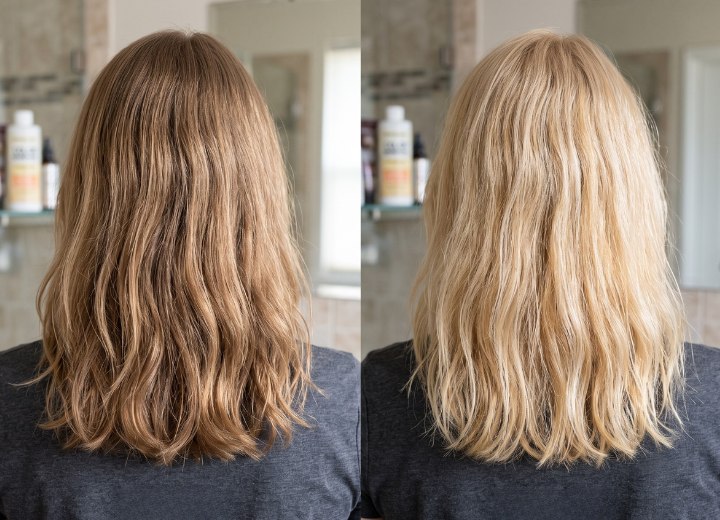 Haare vor und nach der Verwendung eines Farbentferners