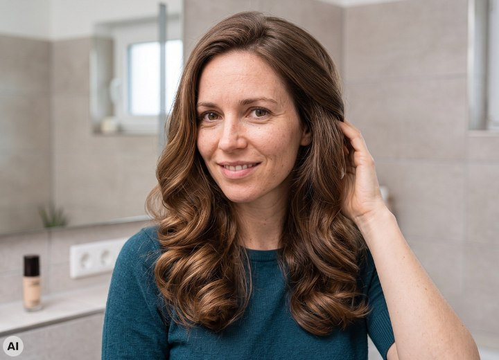 Frau mit gesund aussehendem, gelocktem Haar
