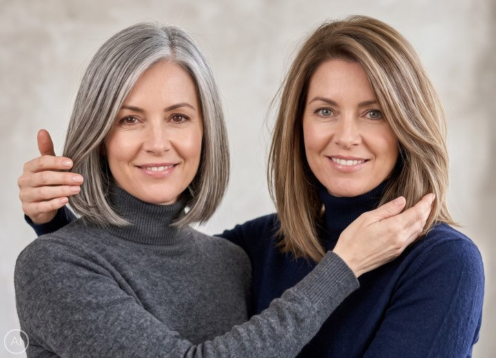Eine Frau mit grauen Haaren und eine Frau mit pigmentierten Haaren