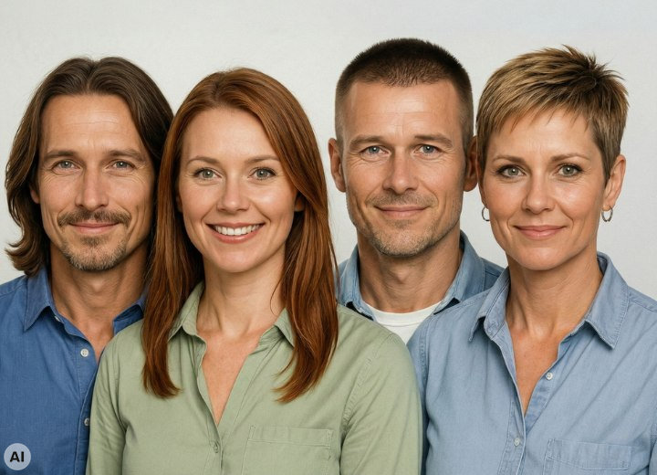 Gruppe von Männern und Frauen mit langen und kurzen Haaren