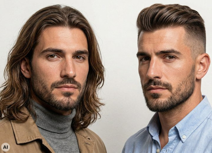 Mann mit 3-Tage-Bart-Look, vorher und nachher bei einem Umstyling von langem zu kurzem Haar