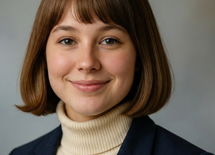 Frau mit einem cremefarbenen Rollkragenpullover und einem marineblauen Blazer