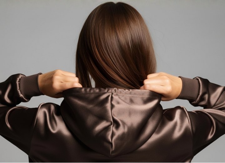 Frau, die einen gl&auml;nzenden Satin-Hoodie tr&auml;gt