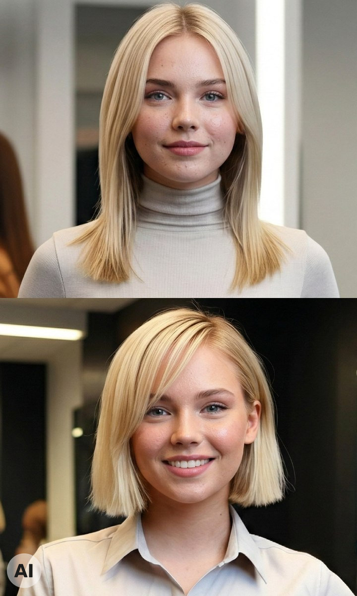Das Umstyling einer Frau von langen Haaren mit Rollkragenpullover zu einem Bob und einem Hemdblusenkleid