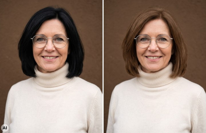 &Auml;ltere Frau vor und nach einer helleren Haarfarbe