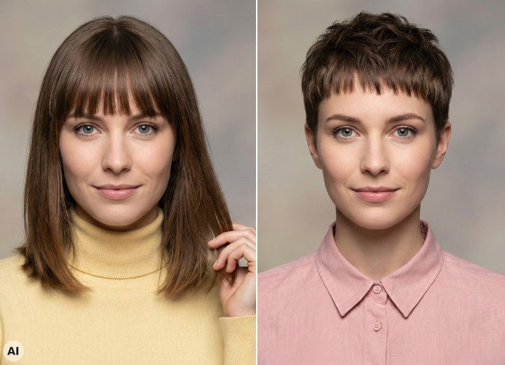 Vorher-Nachher-Vergleich von langen zu kurzen Haaren